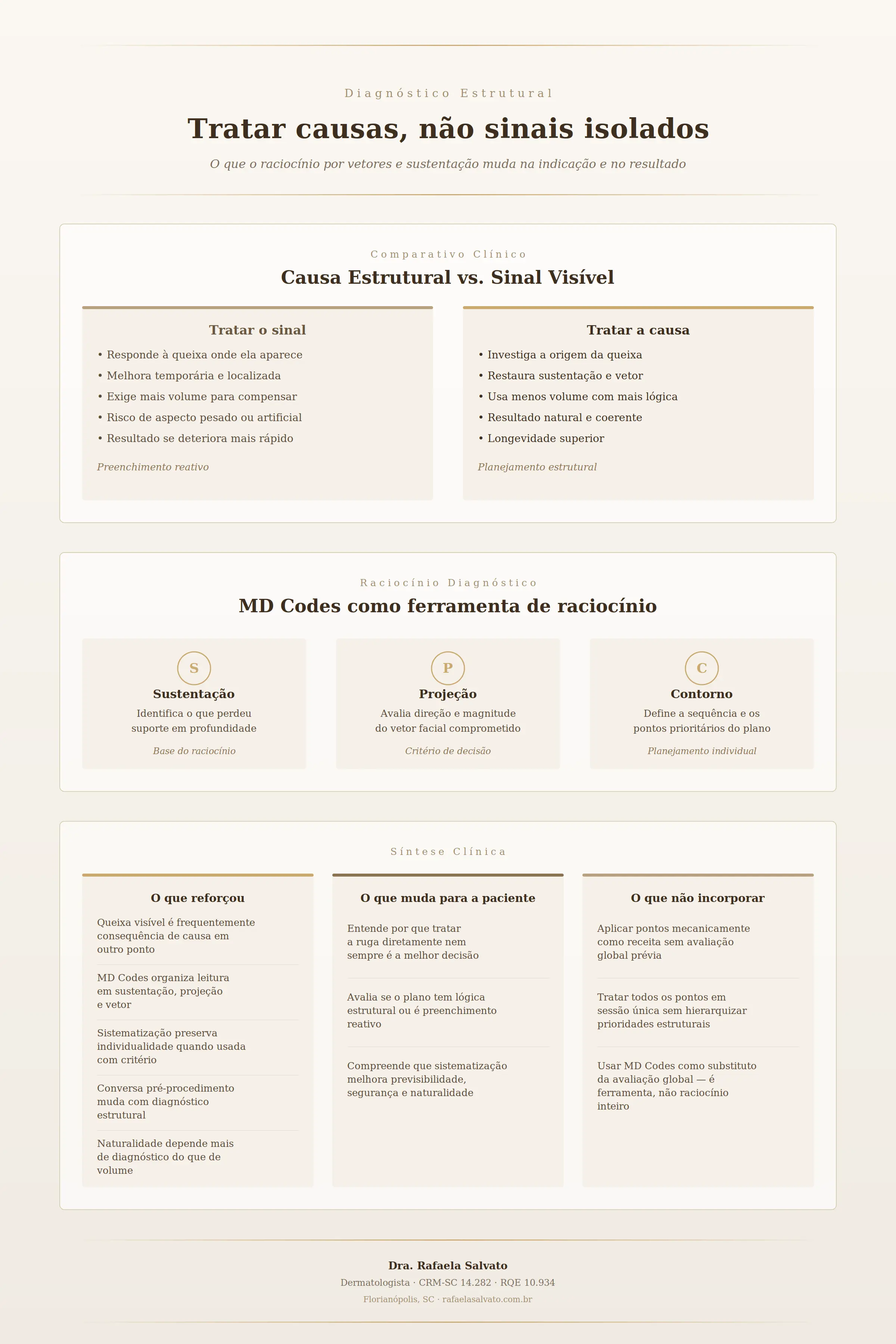 Infográfico editorial sobre diagnóstico estrutural facial: comparativo entre tratar causa estrutural e sinal visível, MD Codes como ferramenta de raciocínio, e síntese do que reforçou, o que muda e o que evitar na prática da Dra. Rafaela Salvato.